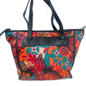 Fossil KeyPer Orange and Pink Flower Floral Tote Bag Black Leather Purse